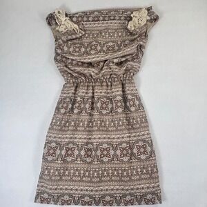 Peppermint Boho Geometric Tile Print Mini Dress Lace Trim Elastic Waist Small